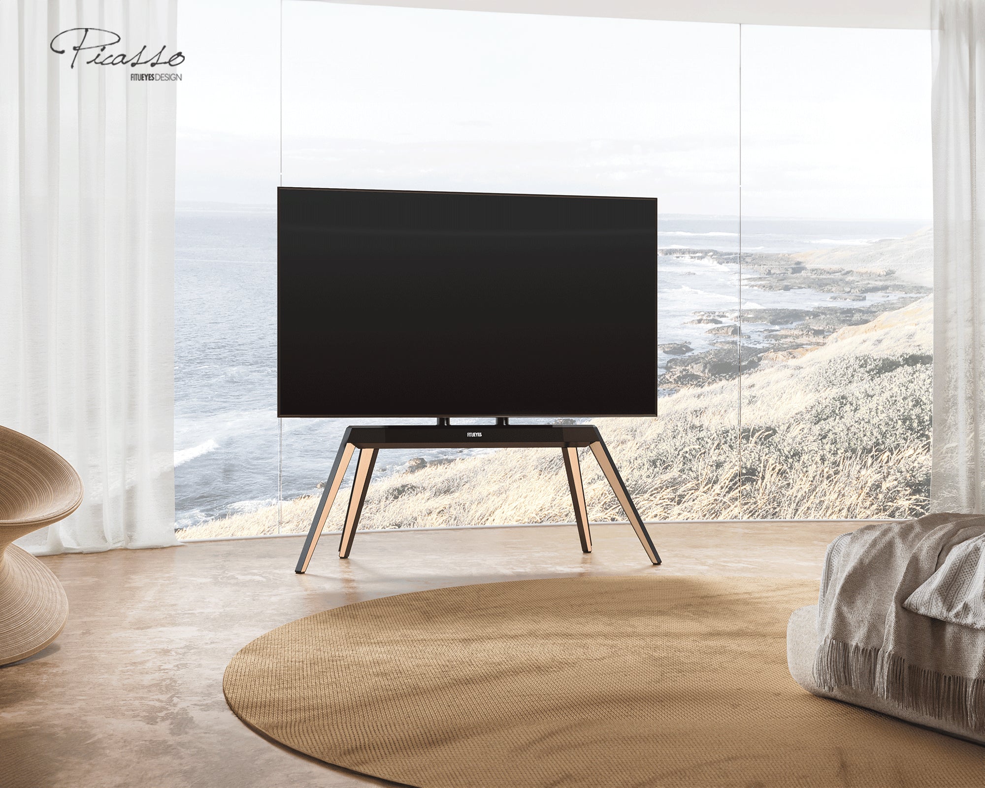 Meuble TV sous les fenetre spanoramiques du sol au plafond#couleur_Nature