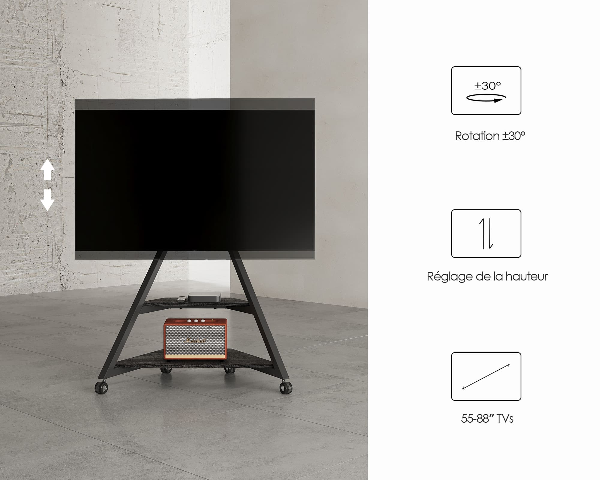 Réglage de la hauteur en haut et en bas, rotation à gauche et à droite, et taille adaptable du Eiffel ft88 noir Support TV à Roulettes