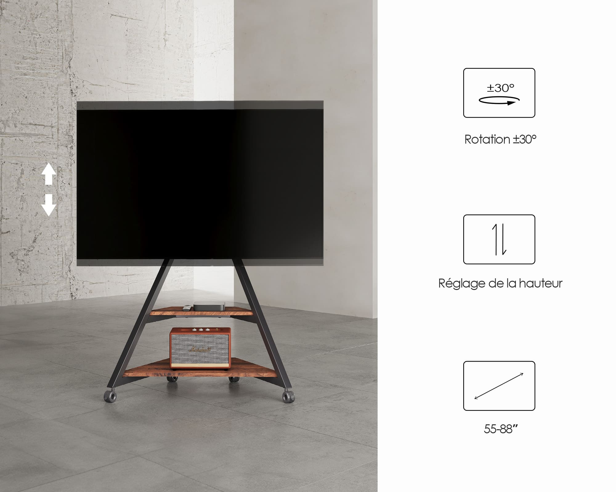 Réglage de la hauteur en haut et en bas, rotation à gauche et à droite, et taille adaptable du Eiffel ft88  Support TV à Roulettes