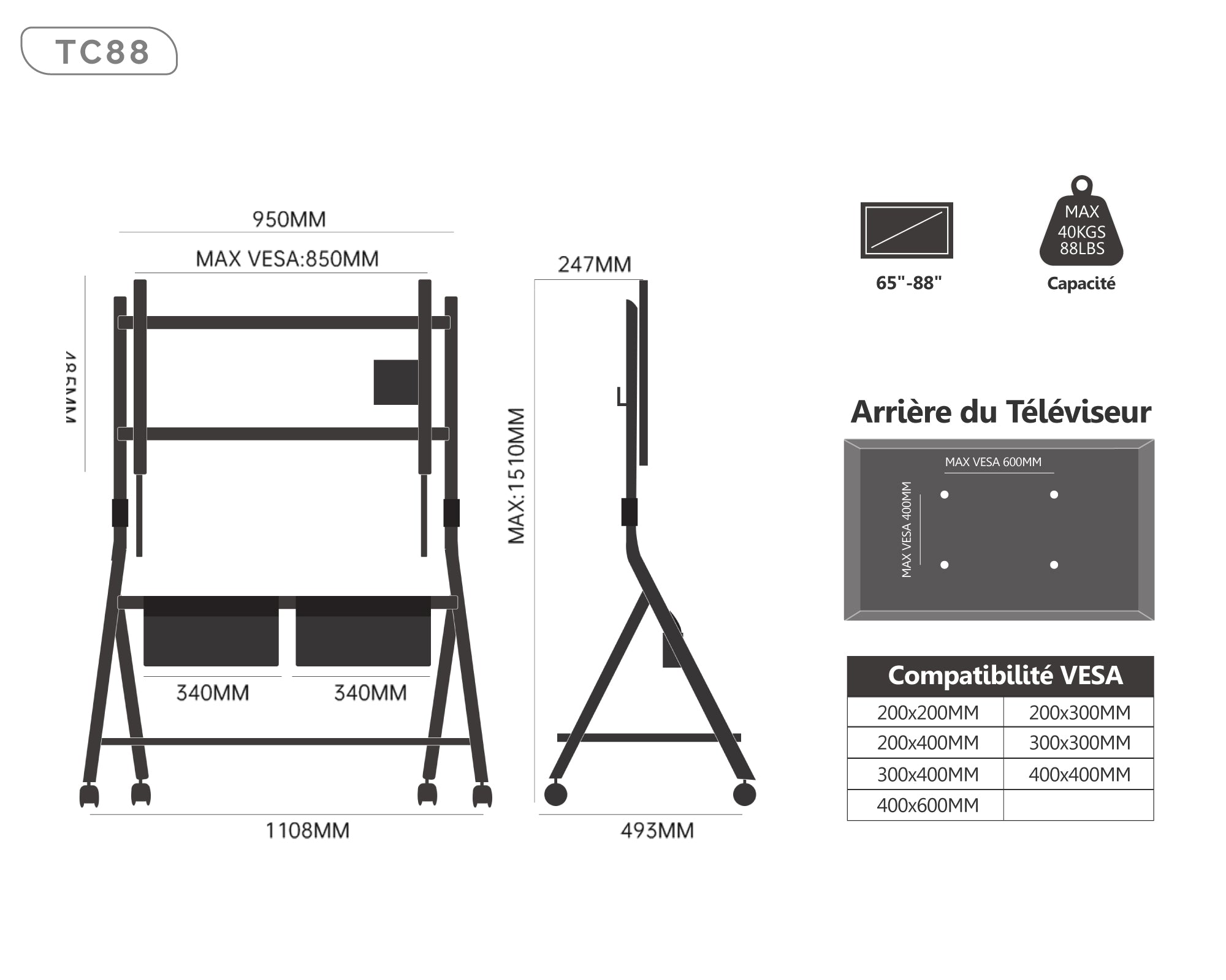 Collector TC88 Support TV à Roulettes